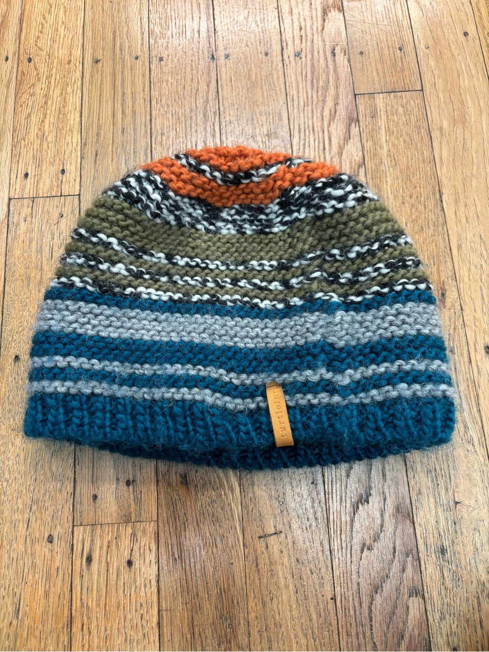 Striped Knit Beanie in Teal, Gray, Olive & Orange - Picture 2 of 3